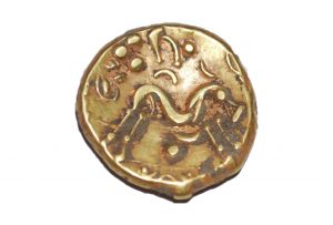 Detail of horse on Iron Age gold coin discovered on A14C2H (c) Highways England courtesy of MOLA Headland