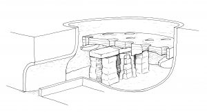 A cross section diagram of a Roman updraught kiln showing the arrangement of a movable floor propped up on pilasters, on which pots would be stacked. Above ground level, a dome of clay and turf (not pictured) would insulate the load. A fire would then be set in the opening on the left (the ‘firebox’ or ‘flue’), the resulting heat being drawn up into the kiln by air currents.