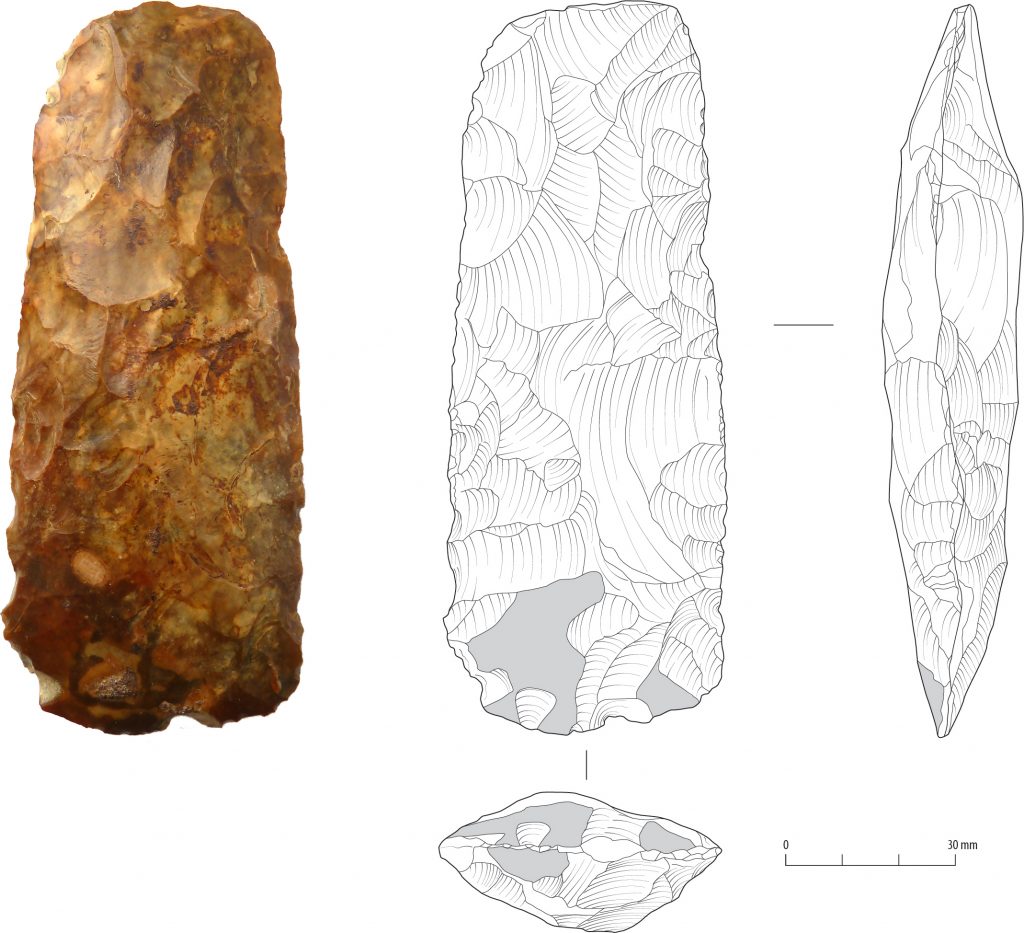 Image showing a picture of a brownish piece of flint on the left, worked into a long shape with sharp borders. On the right is a line drawing of the same object, showing its front view, profile, and bottom view.