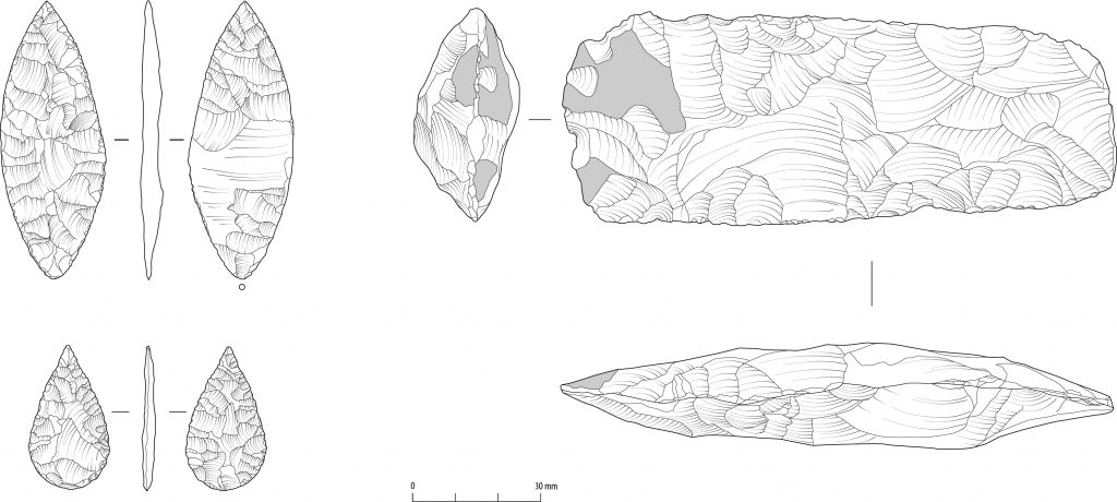 Image showing line drawings of Neolithic worked flints. On the left are two leaf shaped arrowheads, showing front, back view and profile. On the right is a flaked axed, represented in front view, profile and bottom view.