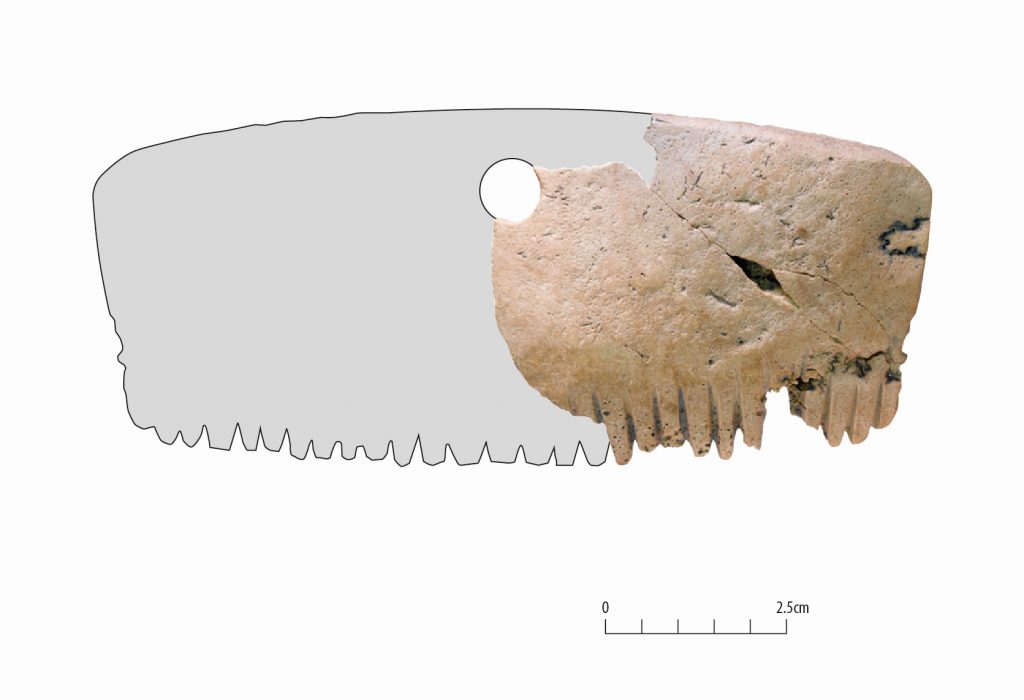 A reconstruction drawing of the comb suggests it would have originally been rectangular with rounded edges and rough teeth along one edge. It also had a circular hole at the top.