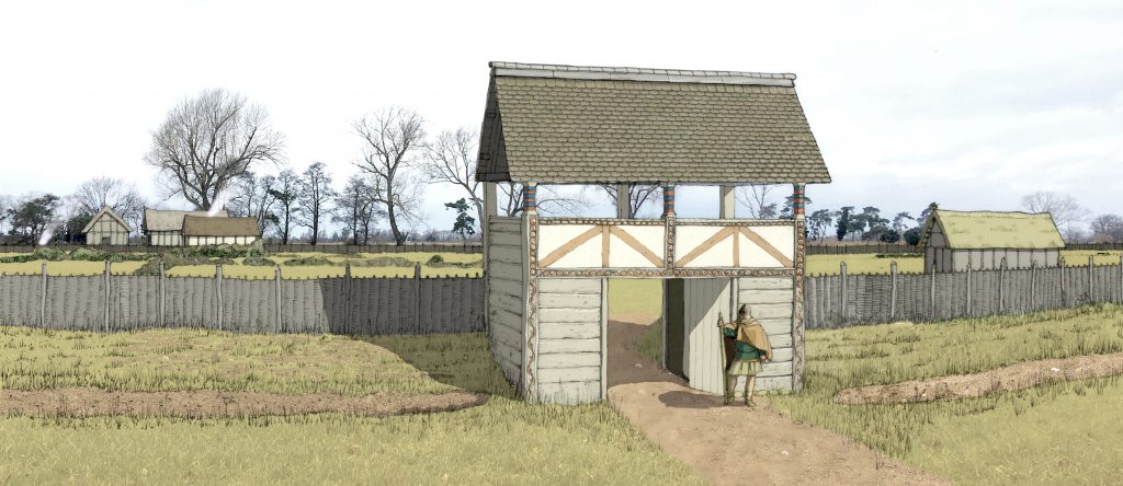 Reconstruction drawing of the early medieval gate and boundary fence at Conington